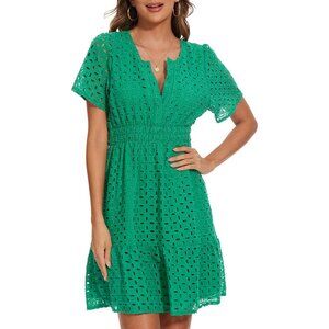 Women Summer Eyelet Lace Mini Dress V Neck Hollow Out Casual A Line